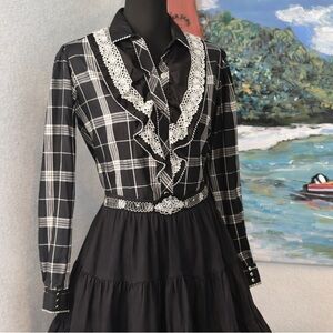 VTG 80s Kenny Rogers Western Plaid Pearl Snap Crochet Lace Yoke Shirt USA,Size L